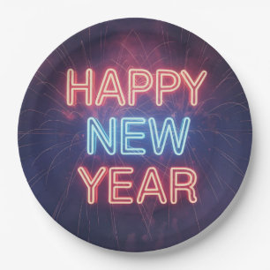Neon "Happy New Year" Typography with Fireworks Paper Plate