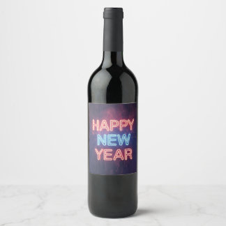 Neon "Happy New Year" Typography with Fireworks Wine Label