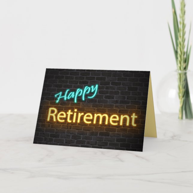 neon happy retirement sign on brick card (Front)