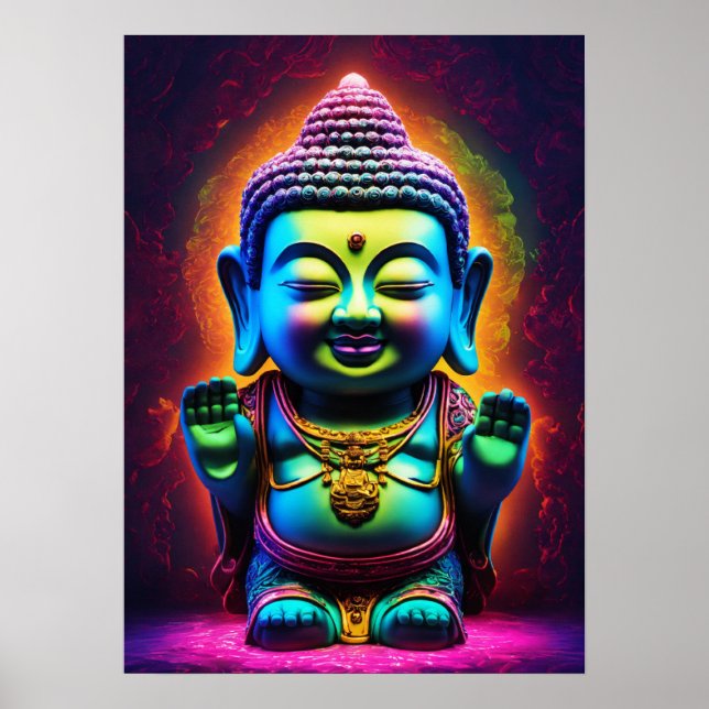 "Neon Harmony: Adorable 3D Buddha in Glass Poster (Front)