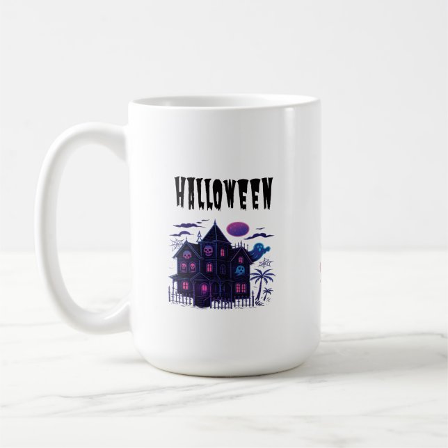 Neon Haunted House – Retro Spooky Glow Coffee Mug (Left)