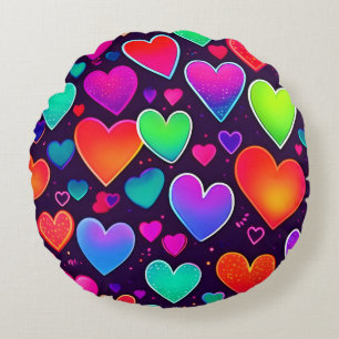 Neon Heart Symphony Round Cushion