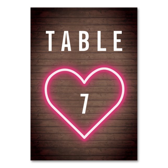 Neon Heart Wood Plank Wedding Table Number (Front)