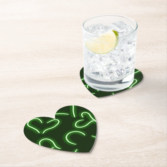 Neon Hearts Green Paper Coaster (Insitu)