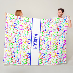 Neon Hearts on White, Personalised Fleece Blanket