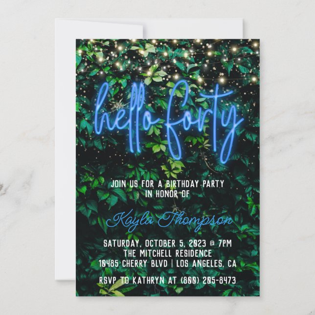 Neon Hello Forty 40th Birthday Party Invitation (Back)