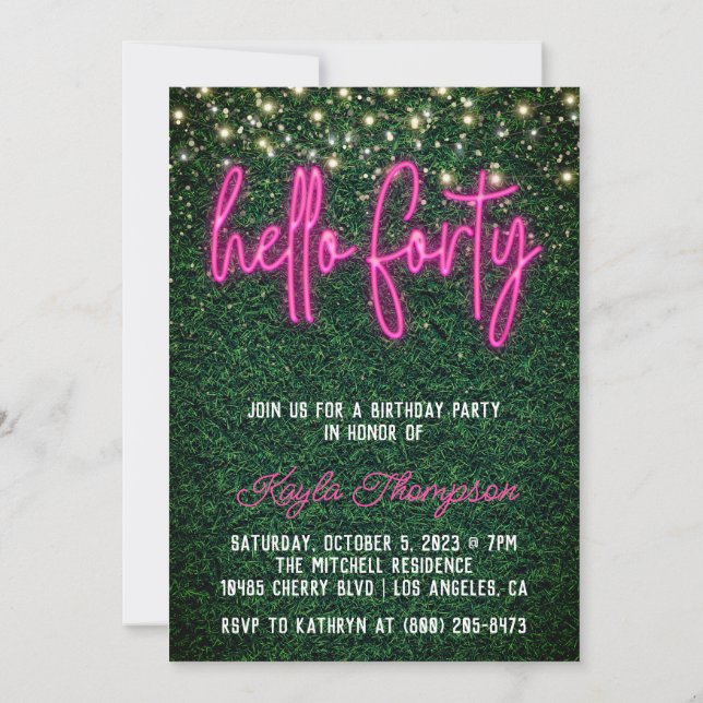 Neon Hello Forty 40th Birthday Party Invitation (Back)