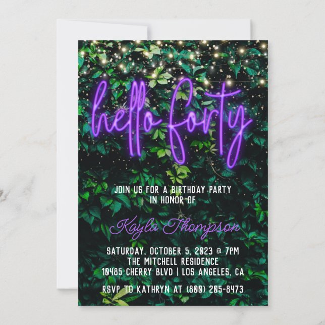 Neon Hello Forty 40th Birthday Party Invitation (Back)