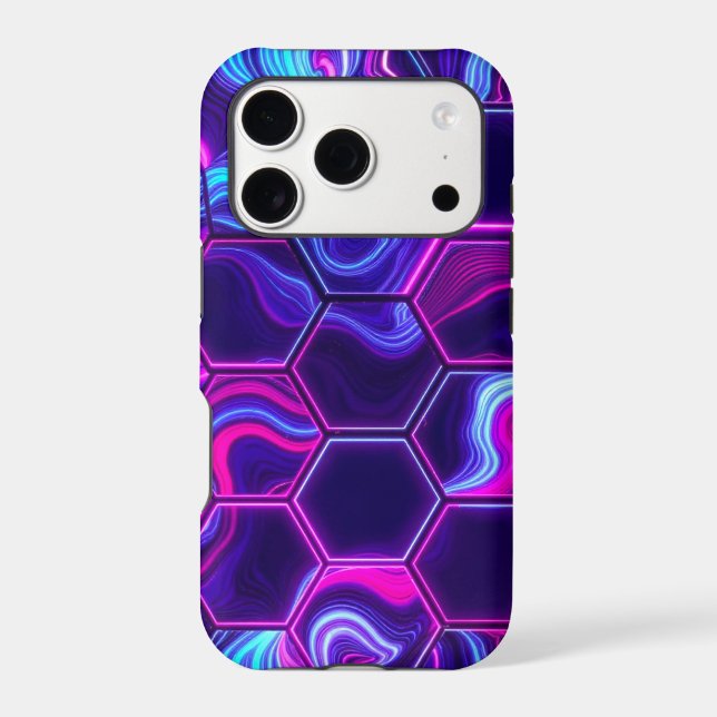 Neon Hexagon Pink Purple Marble Abstract Pattern  (Back)