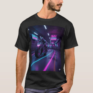 Neon Highway Rider   Cyberpunk Motorcycle Art  T-Shirt