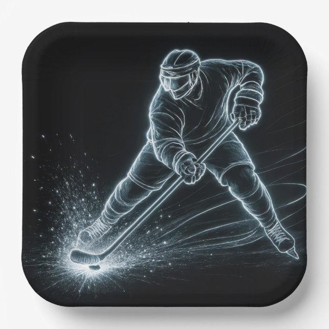 Neon Hockey Player On Ice Paper Plate (Front)