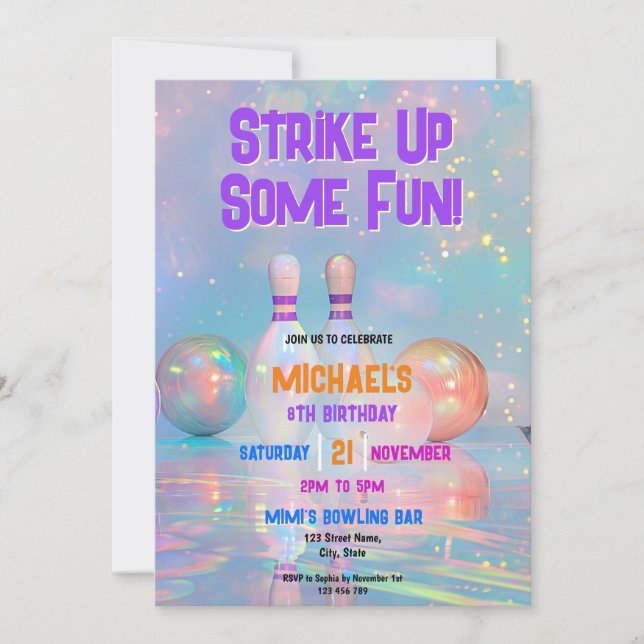 Neon Holographic Bowling Strike Up Some Fun Party  Invitation (Front)