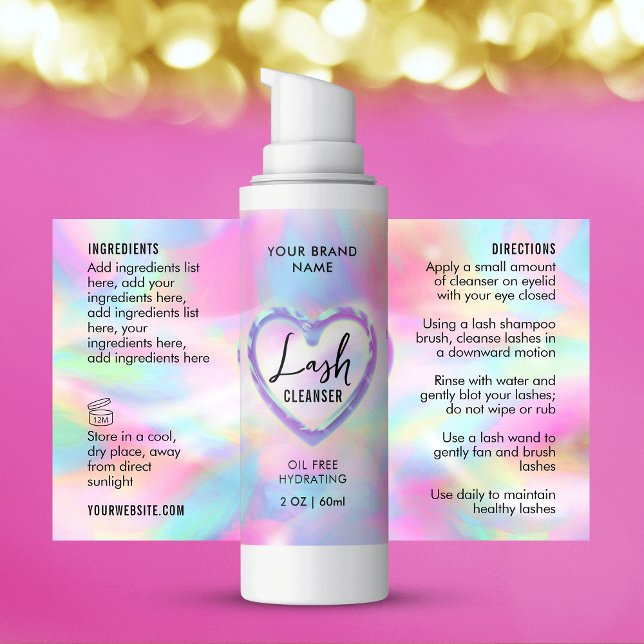 Neon Holographic Girly Lash Cleanser Bottle Label (Trendy holographic neon effect lash bath cleanser wraparound product labels )