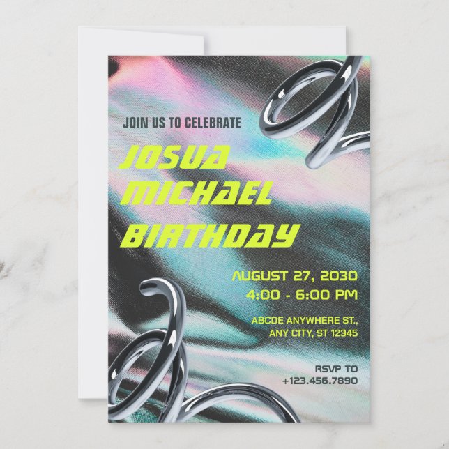Neon Holographic Textured futuristic birthday  Invitation (Front)