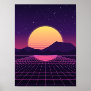 Neon Horizon Synth Sunset Retro Print
