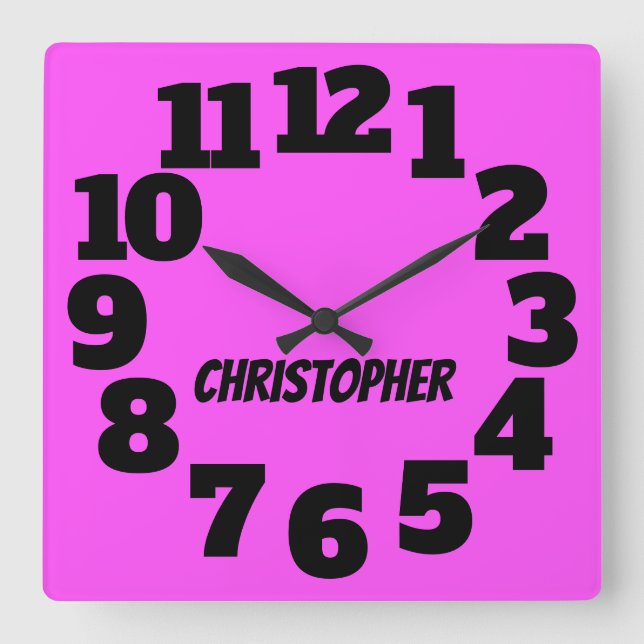 Neon Hot Pink Big Numbers Square Wall Clock (Front)