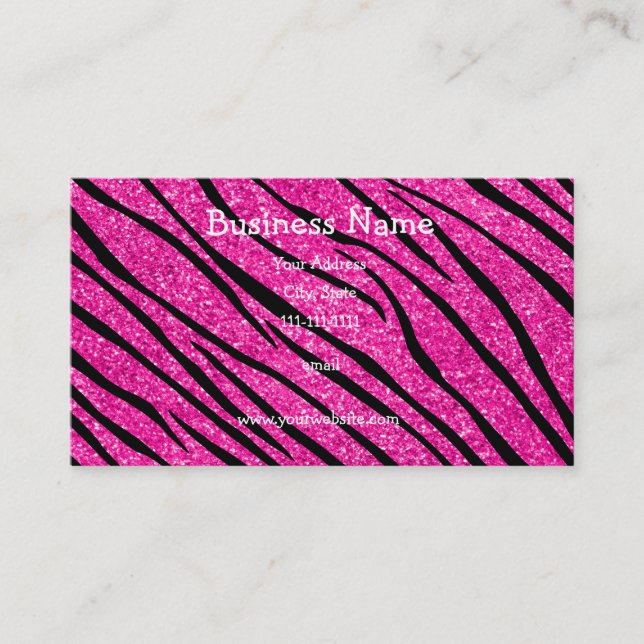 Neon hot pink glitter zebra stripes business card (Front)