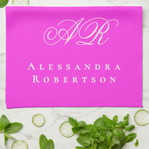 Neon Hot Pink Monogram Name Minimalist Bold Vivid Tea Towel