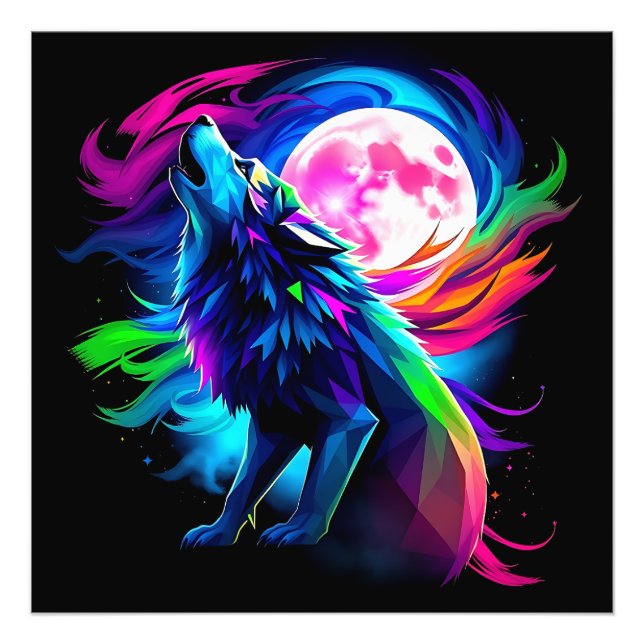 Neon Howling Wolf with Full Moon – Psychedelic Rai Photo Print (Front)