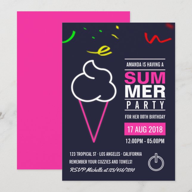 Neon Ice Cream Summer Birthday Party Invitation (Front/Back)