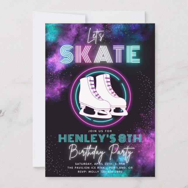 Neon Ice Skating Invitation | Ice Skating Birthday (Front)