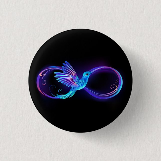 Neon Infinity Symbol with Glowing Hummingbird 3 Cm Round Badge (Front)