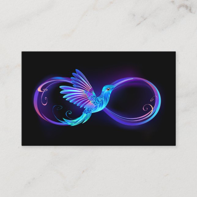 Neon Infinity Symbol with Glowing Hummingbird Business Card (Front)
