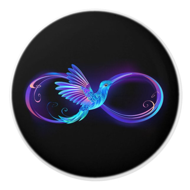 Neon Infinity Symbol with Glowing Hummingbird Ceramic Knob (Front)