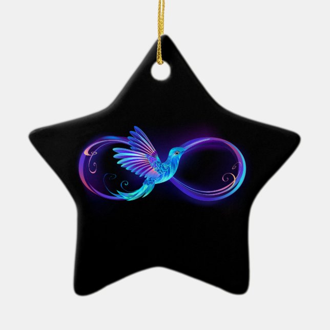 Neon Infinity Symbol with Glowing Hummingbird Ceramic Ornament (Front)
