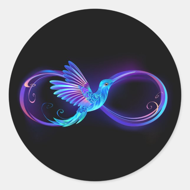 Neon Infinity Symbol with Glowing Hummingbird Classic Round Sticker (Front)