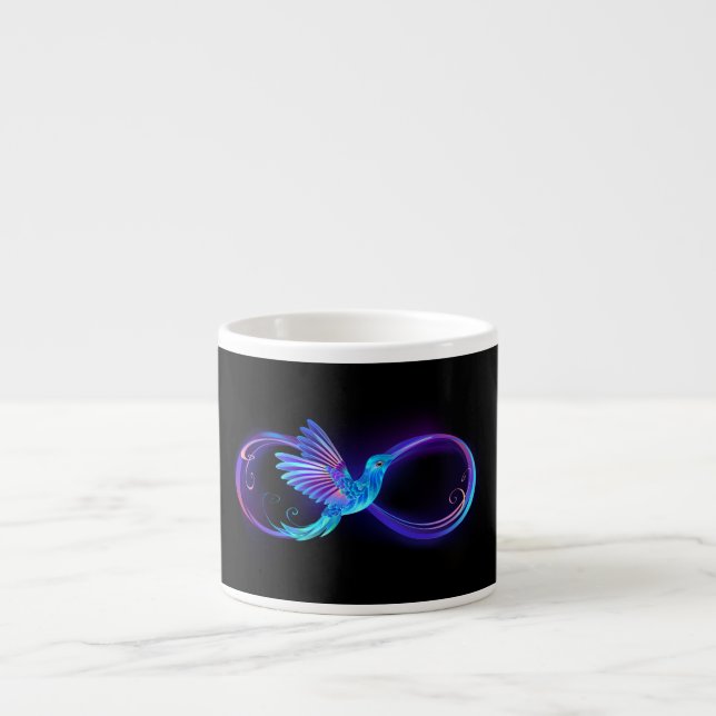 Neon Infinity Symbol with Glowing Hummingbird Espresso Cup (Front)