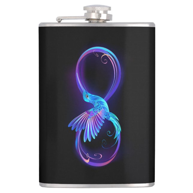 Neon Infinity Symbol with Glowing Hummingbird Hip Flask (Front)