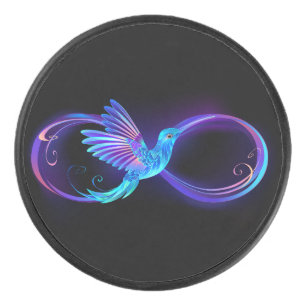 Neon Infinity Symbol with Glowing Hummingbird Hockey Puck