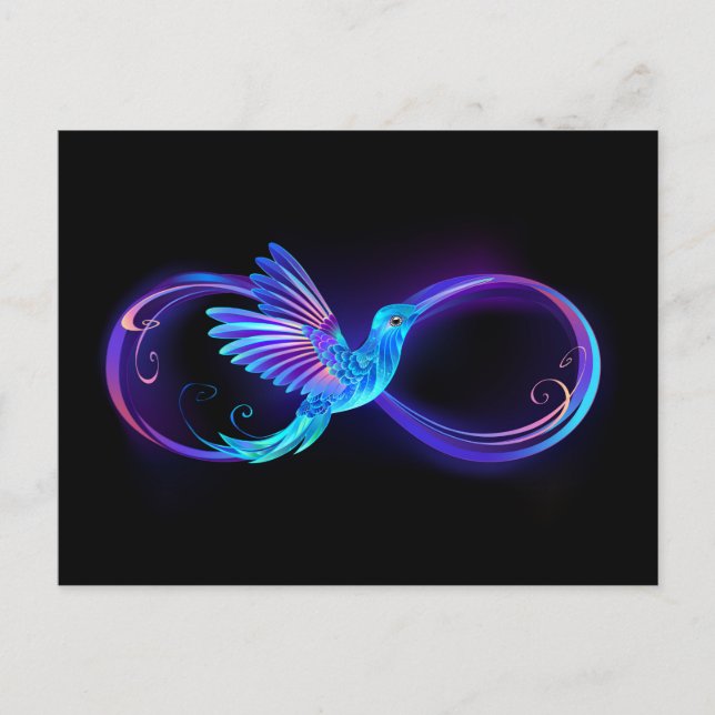 Neon Infinity Symbol with Glowing Hummingbird Holiday Postcard (Front)