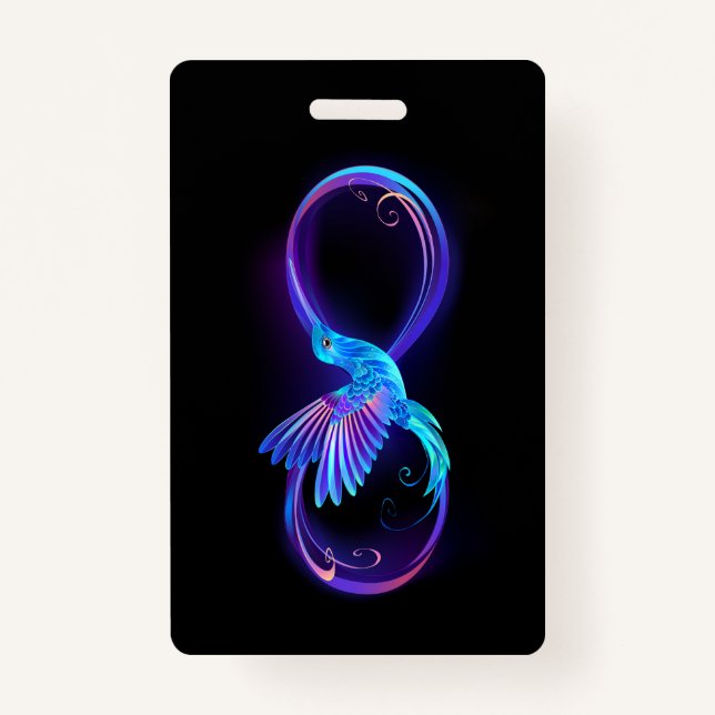 Neon Infinity Symbol with Glowing Hummingbird ID Badge (Front)