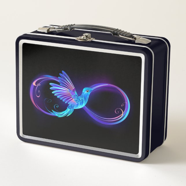 Neon Infinity Symbol with Glowing Hummingbird Metal Lunch Box (Front)