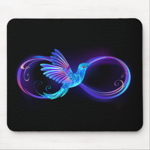 Neon Infinity Symbol with Glowing Hummingbird Mouse Pad