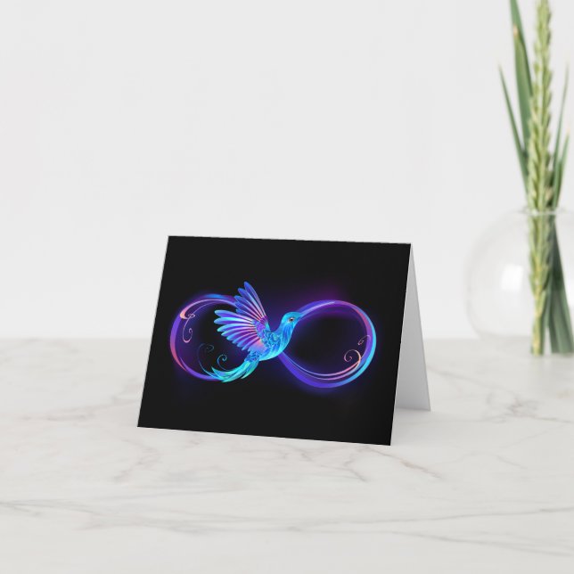 Neon Infinity Symbol with Glowing Hummingbird Note Card (Front)