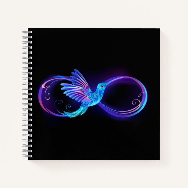 Neon Infinity Symbol with Glowing Hummingbird Notebook (Front)