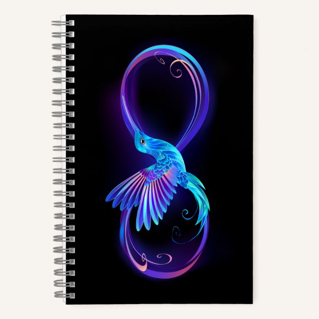 Neon Infinity Symbol with Glowing Hummingbird Notebook (Front)