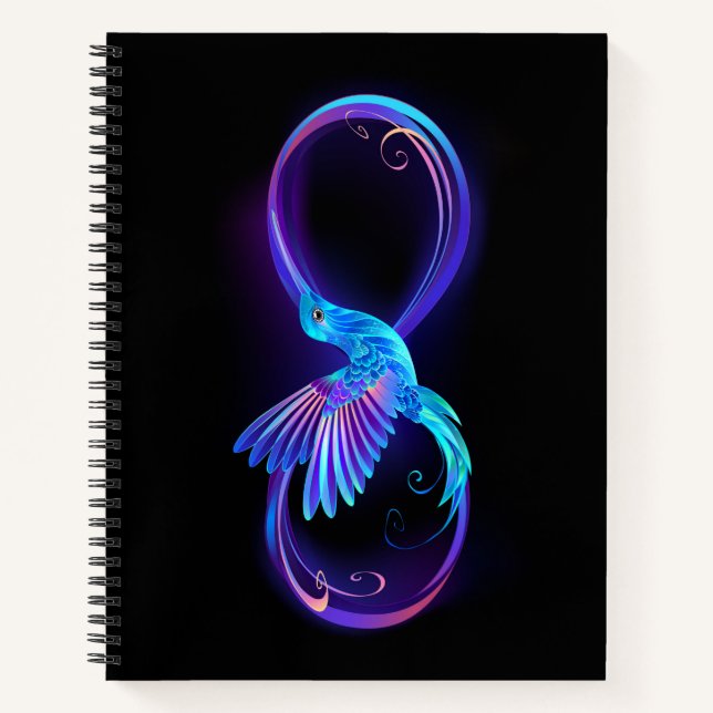 Neon Infinity Symbol with Glowing Hummingbird Notebook (Front)