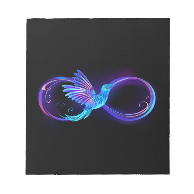 Neon Infinity Symbol with Glowing Hummingbird Notepad (Front)