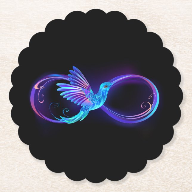 Neon Infinity Symbol with Glowing Hummingbird Paper Coaster (Front)