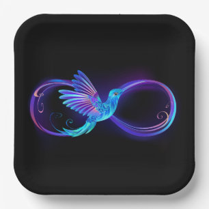 Neon Infinity Symbol with Glowing Hummingbird Paper Plate