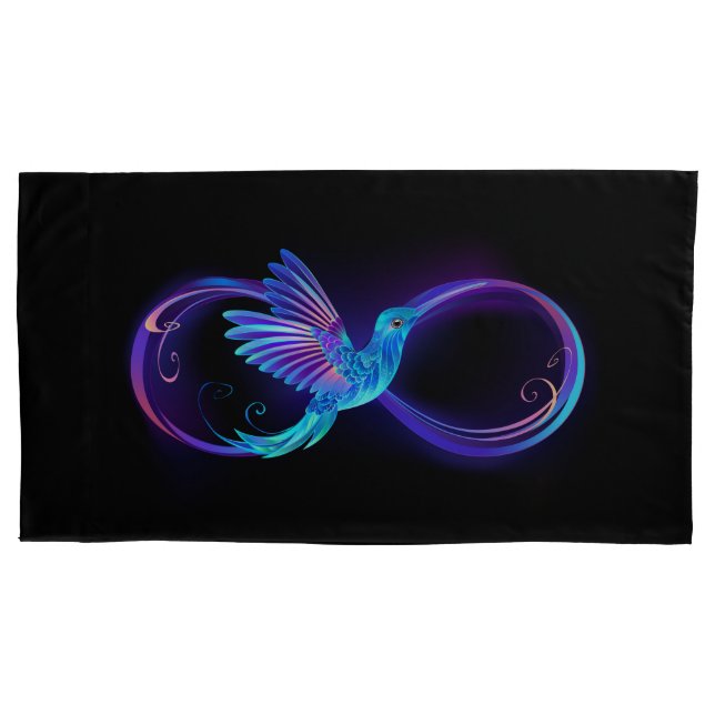 Neon Infinity Symbol with Glowing Hummingbird Pillowcase (Front-Left)