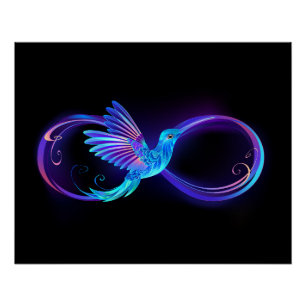 Neon Infinity Symbol with Glowing Hummingbird Poster