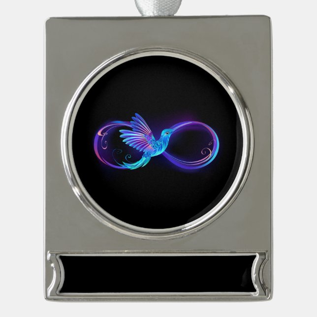 Neon Infinity Symbol with Glowing Hummingbird Silver Plated Banner Ornament (Front)