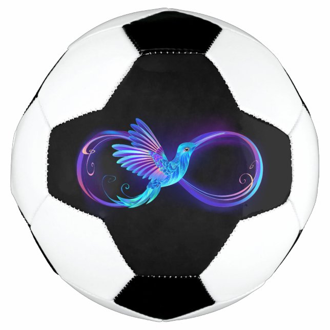 Neon Infinity Symbol with Glowing Hummingbird Soccer Ball (Front)