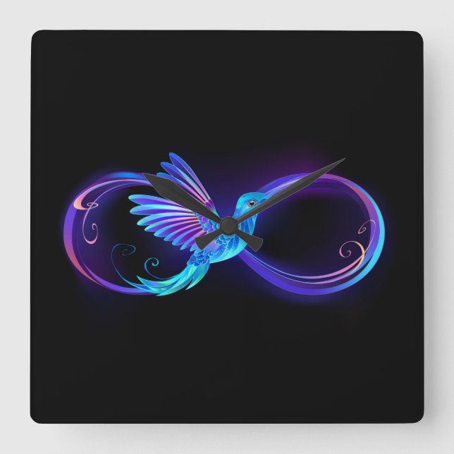Neon Infinity Symbol with Glowing Hummingbird Square Wall Clock (Front)