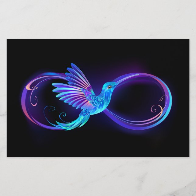 Neon Infinity Symbol with Glowing Hummingbird Stationery (Front)